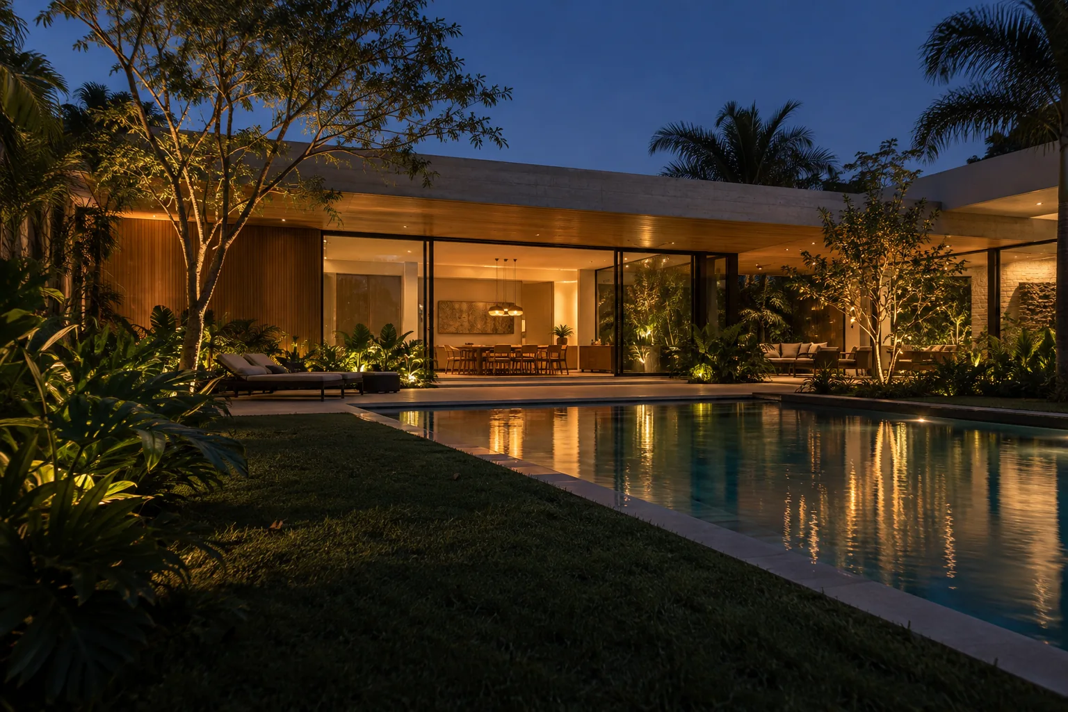 Pavilhão residencial iluminado ao anoitecer, com piscina e jardim tropical; cena ilustrativa
