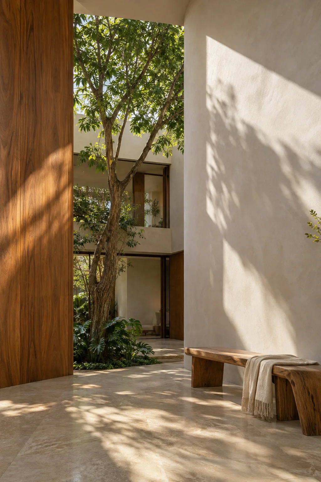 Galeria com parede curva, painel de madeira e banco artesanal voltada a um jardim interno; cena ilustrativa