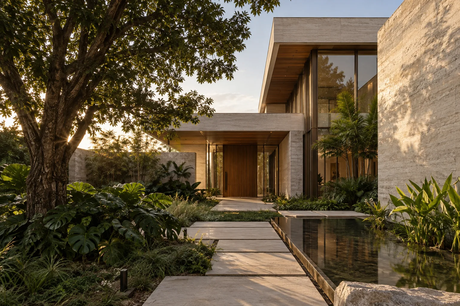 Entrada de residência contemporânea em pedra e madeira, com jardim e espelho d’água; arquitetura ilustrativa
