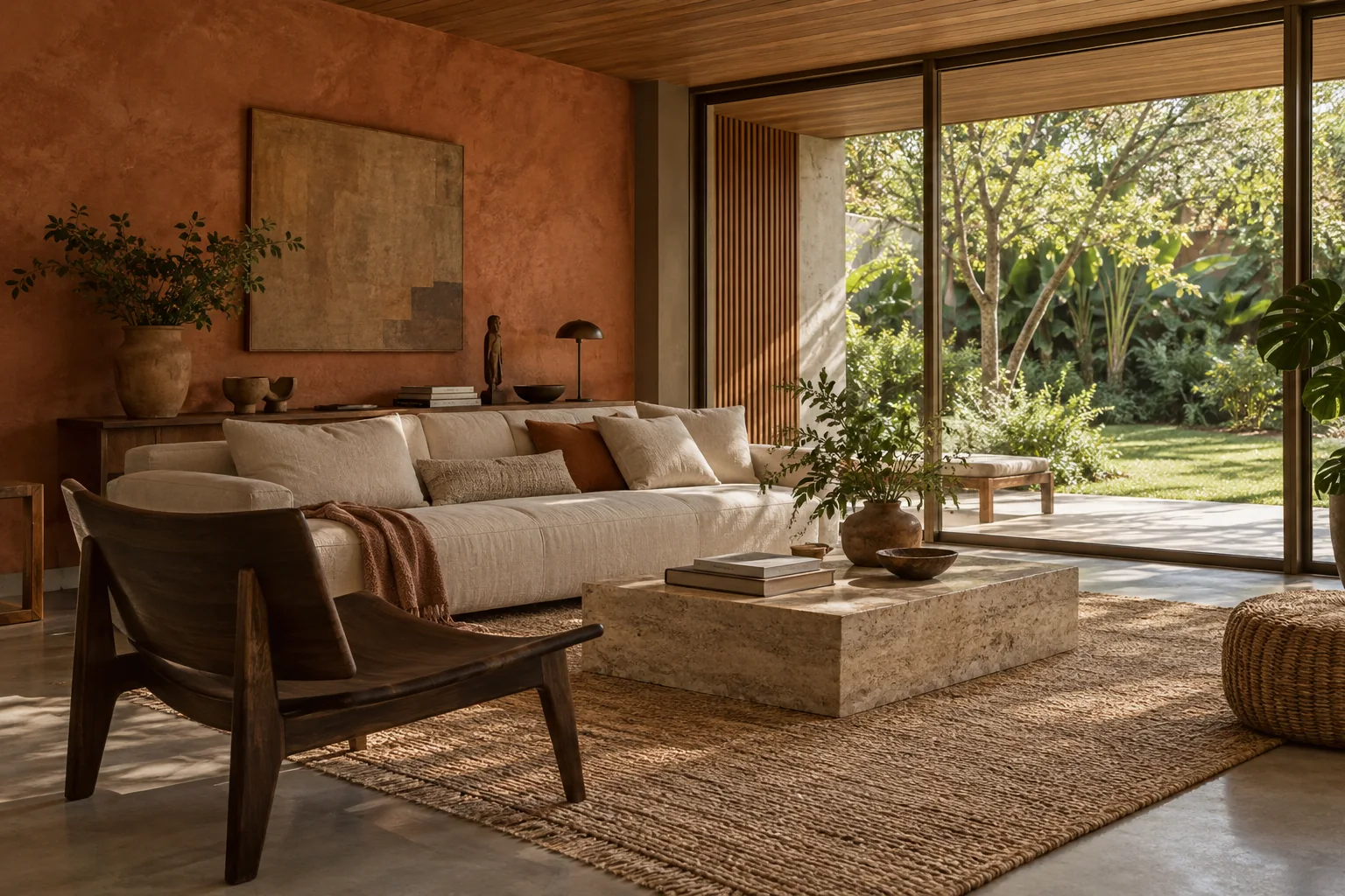 Living com parede terracota, sofá de linho e mesa de pedra integrado ao jardim; cena ilustrativa